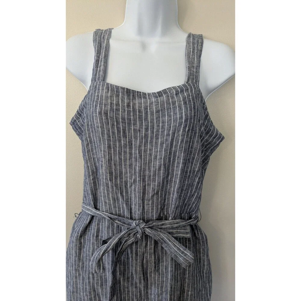 Quince 100% European Linen Square Neck Jumpsuit M Blue Stripe Wide Leg Relaxed